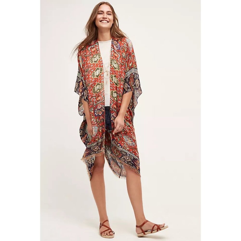 Subtle Luxury Caza Kimono Open Front Coverup Anthropologie Fall Boho Bohemian OS - Picture 2 of 12
